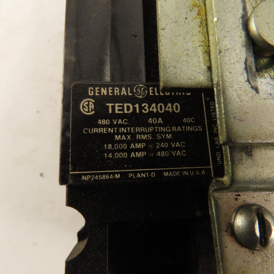 General Electric TED134040 40A 480V Circuit Breaker With Manual Operator