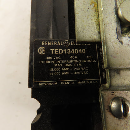 General Electric TED134040 40A 480V Circuit Breaker With Manual Operator