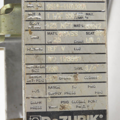 Dezurik 858305-3BAO-2EL Pneumatic 1-1/2" NPT Brass Single Seated Actuator Valve