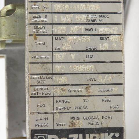 Dezurik 858305-3BAO-2EL Pneumatic 1-1/2" NPT Brass Single Seated Actuator Valve