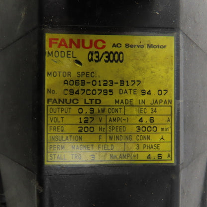 Fanuc A06B-0123-B177 0.9kW 3000RPM 127VAC 200Hz AC Servo Motor