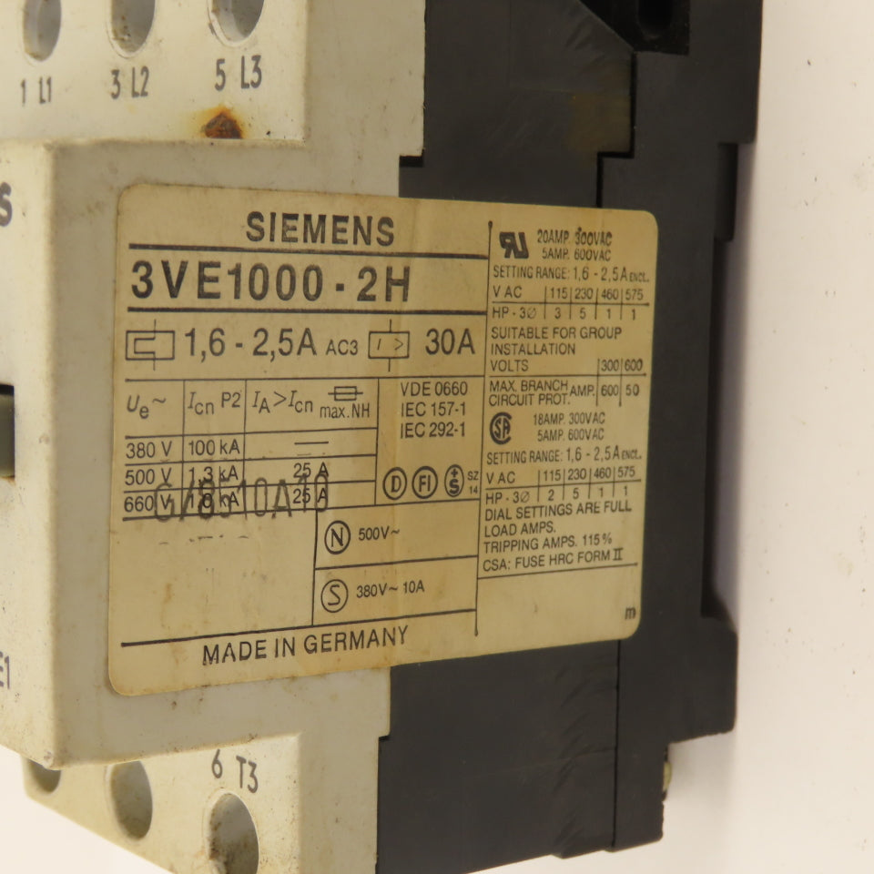 Siemens 3VE1000-2H 600V 30A Manual Motor Starter Motor Protection 1.6-2.5A