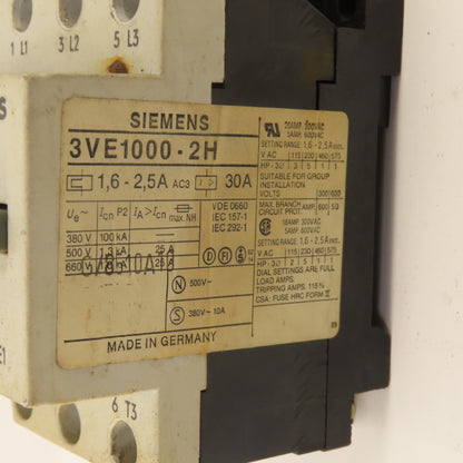 Siemens 3VE1000-2H 600V 30A Manual Motor Starter Motor Protection 1.6-2.5A
