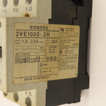 Siemens 3VE1000-2H 600V 30A Manual Motor Starter Motor Protection 1.6-2.5A