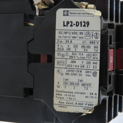 Telemecanique LP2-D129 660V 25A3Ph 7.5kW Reversing Contactor 24VDC