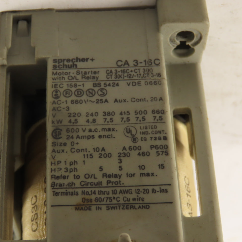 Sprecher + Schuh CA 3-16C 660V 7.5kW 24A Contactor 24VDC Coil W/ CRD3 Suppressor