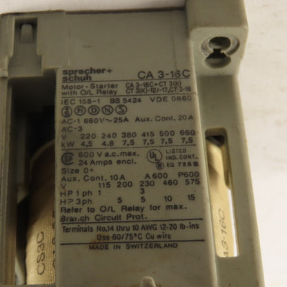 Sprecher + Schuh CA 3-16C 660V 7.5kW 24A Contactor 24VDC Coil W/ CRD3 Suppressor