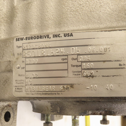 Sew Eurodrive R37DT80N4 4.32:1 Ratio Gear Box Only 1700RPM Input 1" Shaft