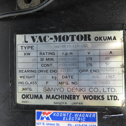 Okuma VAC-MF15/11R-153 VAC-Motor 15/11kW 1500/6000RPM Dual Speed Spindle Motor