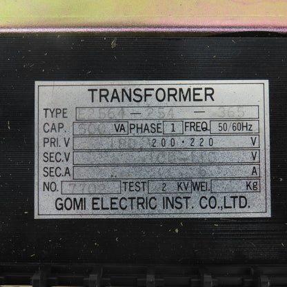 Gomi E2564-254-365 180-200/220V Pri 110/110V Sec 500VA 1Ph Transformer