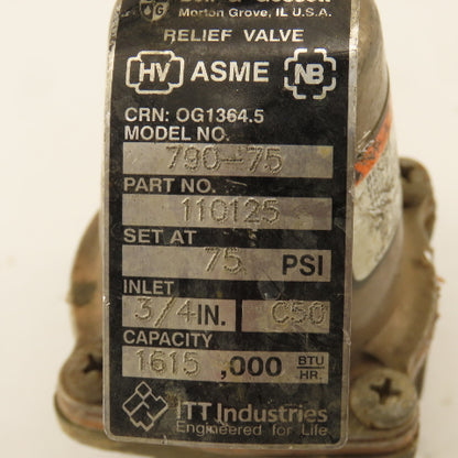 Bell & Gossett 110125 790-75 Pressure Relief Valve 75PSI Set 3/4" NPT