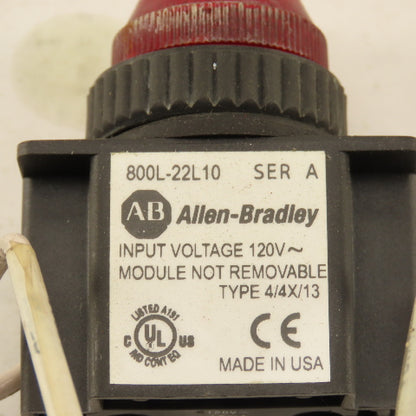Allen Bradley 800L-22L10 120V Red Indicator Pilot Light