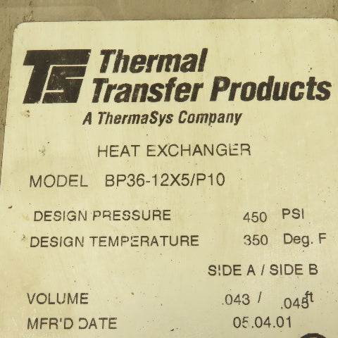 Thermal Transfer BP36-12x5/P10 Brazed Plate Heat Exchanger 350° 450PSI