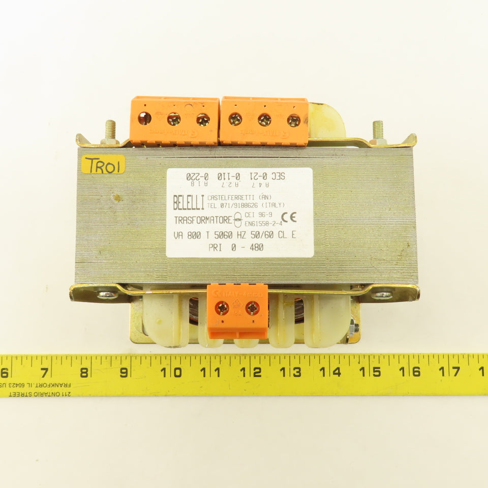 Belelli 800VA 50/60Hz 0-480V Pri 0-21-110/220V Sec. Transformer