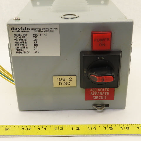 Daykin MDGBT-13 750VA 480V Pri 120V Sec 1Ph Transformer Disconnect