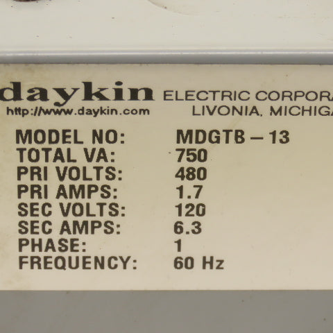 Daykin MDGBT-13 750VA 480V Pri 120V Sec 1Ph Transformer Disconnect