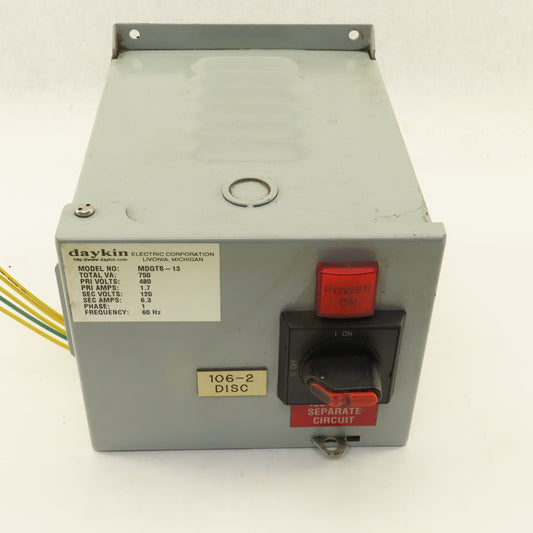 Daykin MDGBT-13 750VA 480V Pri 120V Sec 1Ph Transformer Disconnect
