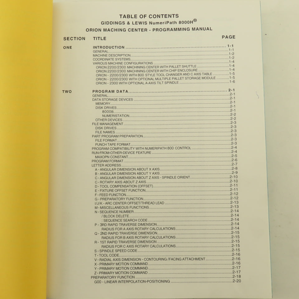 Giddings & Lewis Orion Machining Centers NumeriPath 8000 CNC Programming Manual