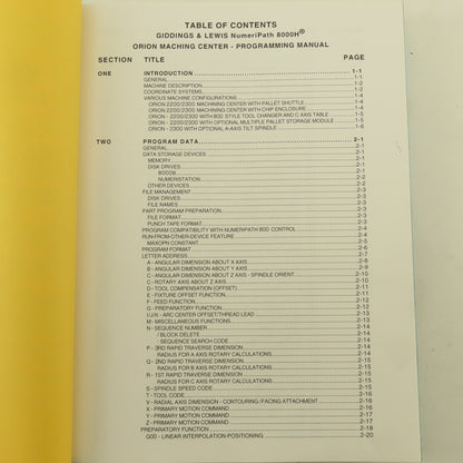 Giddings & Lewis Orion Machining Centers NumeriPath 8000 CNC Programming Manual