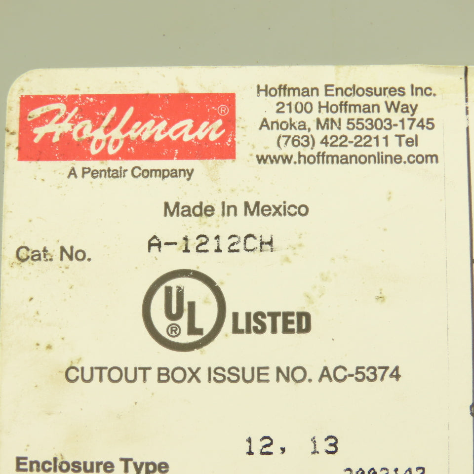 Hoffmann A1212CH 12"x 12"x6" Type 12,13 Electrical Enclosure