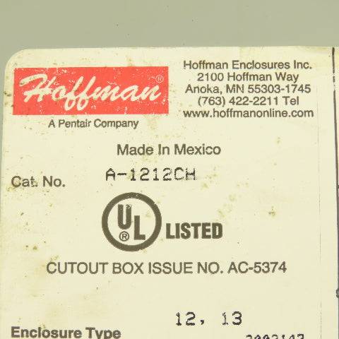 Hoffmann A1212CH 12"x 12"x6" Type 12,13 Electrical Enclosure
