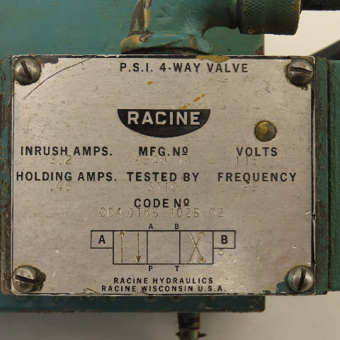 Racine 654011 4 Way Hydraulic Valve 115V 5000 PSI & Pressure Control Valve