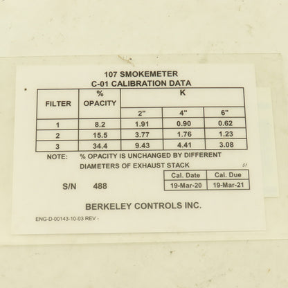 Berkley Controls Model 107 Smoke Meter C-01 Calibration Tool