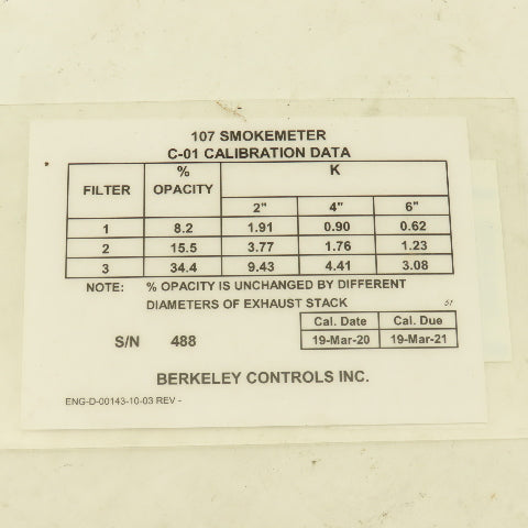 Berkley Controls Model 107 Smoke Meter C-01 Calibration Tool