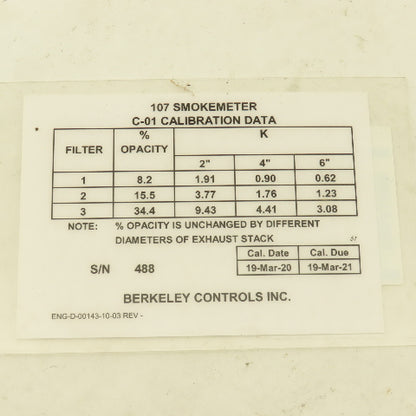 Berkley Controls Model 107 Smoke Meter C-01 Calibration Tool