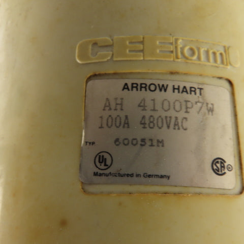 Arrow Hart AH4100P7W 100 AMP 3 Pole 4 Wire 3 Phase 480V Male Pin Plug & Sleeve