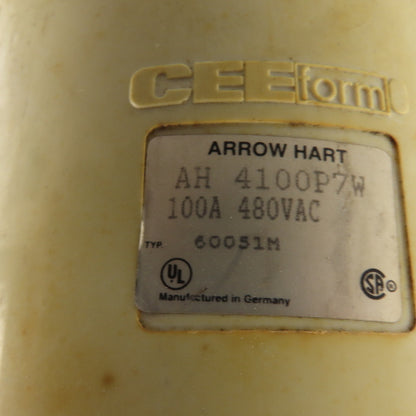 Arrow Hart AH4100P7W 100 AMP 3 Pole 4 Wire 3 Phase 480V Male Pin Plug & Sleeve