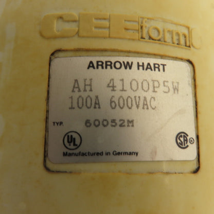Arrow Hart AH4100P5W 100 AMP 3 Pole 4 Wire 3 Phase 600V Male Pin Plug & Sleeve