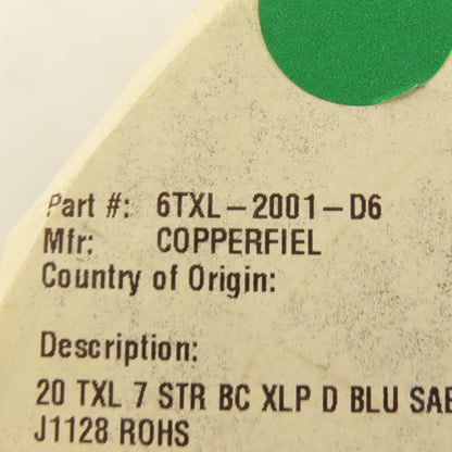 Copperfield 6TXL-2001-D6 20AWG Automotive Primary Wire Blue SAE J1128 TXL 250'