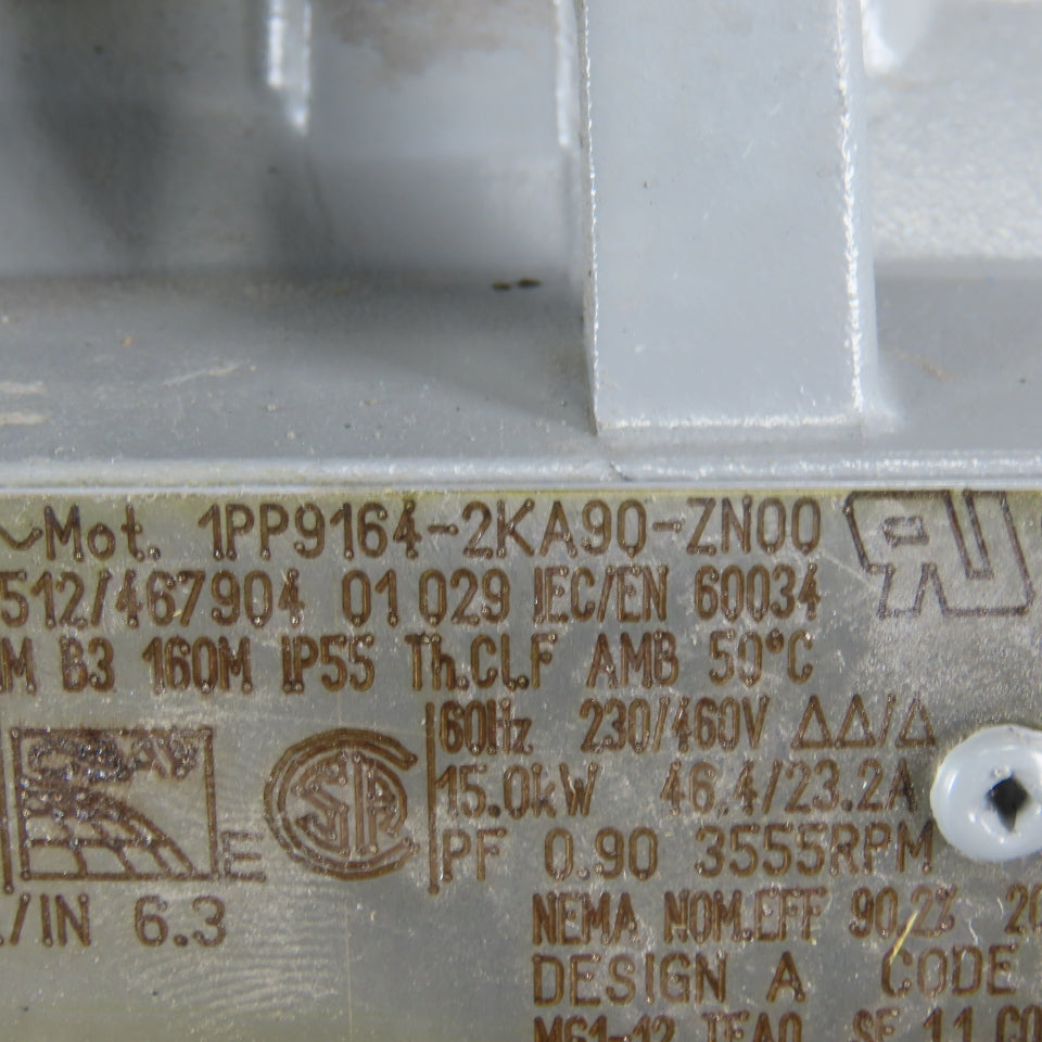 Siemens 1PP9164-2KA90-ZN00 20Hp Compressor Motor 3555RPM 230/460V 3Ph Compair
