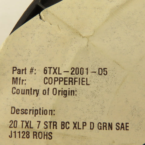 Copperfield 6TXL-2001-D5 20AWG Automotive Primary Wire Green SAE J1128 TXL 250'