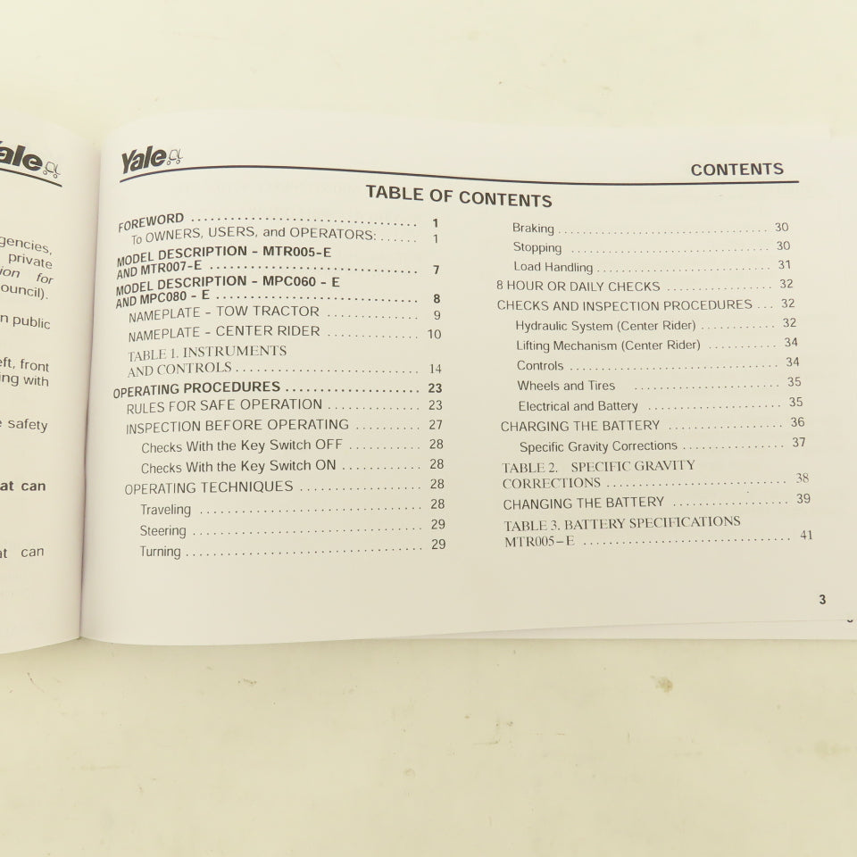 Yale MTR005-E, MTR007-E, MPC060-E, MPC080-E Forklift Operating Manual