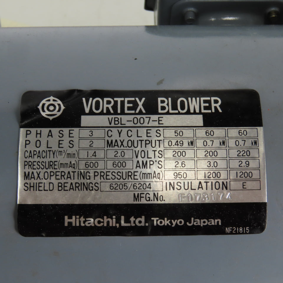 Hitachi VBL-007-E .7kW 200/220V 50/60Hz Cabinet Vacuum Gravity Dust Separator