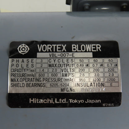 Hitachi VBL-007-E .7kW 200/220V 50/60Hz Cabinet Vacuum Gravity Dust Separator