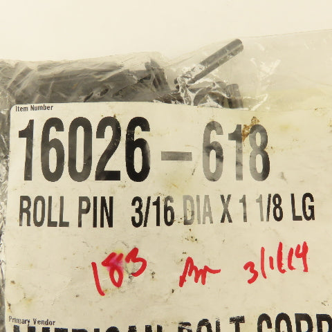 American Bolt 16026-618 Steel Roll Spring Pin 3/16" x 1-1/8" Long Lot Of 180