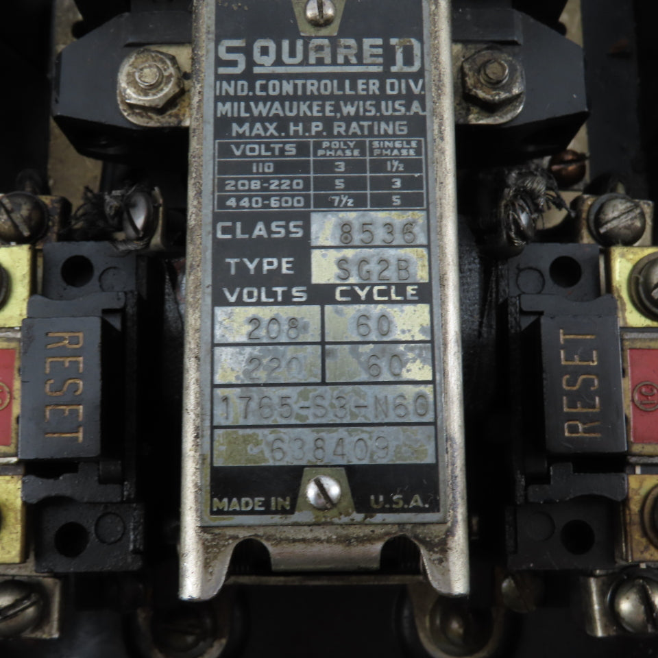 Square D Class 8536 Type SG2B Contactor Motor Starter 600V 7-1/2Hp Max