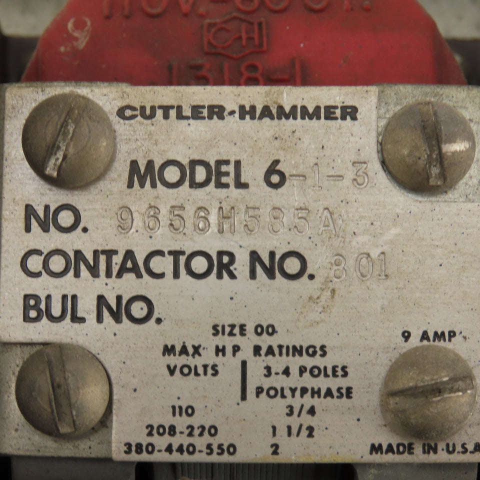 Cutler Hammer 9656H585A Reversing Contactor NEMA 00 600V 2Hp 110V Coil