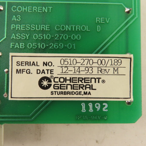 Coherent General 0510-270-00/189 A3 Pressure Control Circuit Board