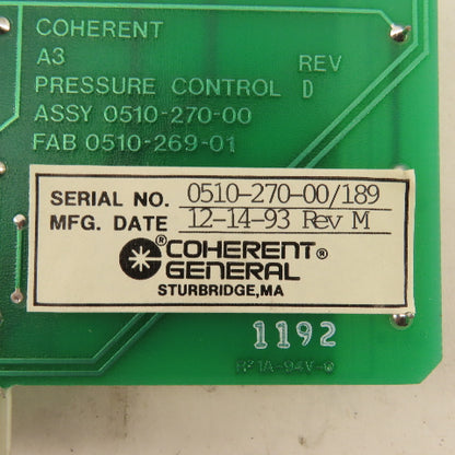 Coherent General 0510-270-00/189 A3 Pressure Control Circuit Board