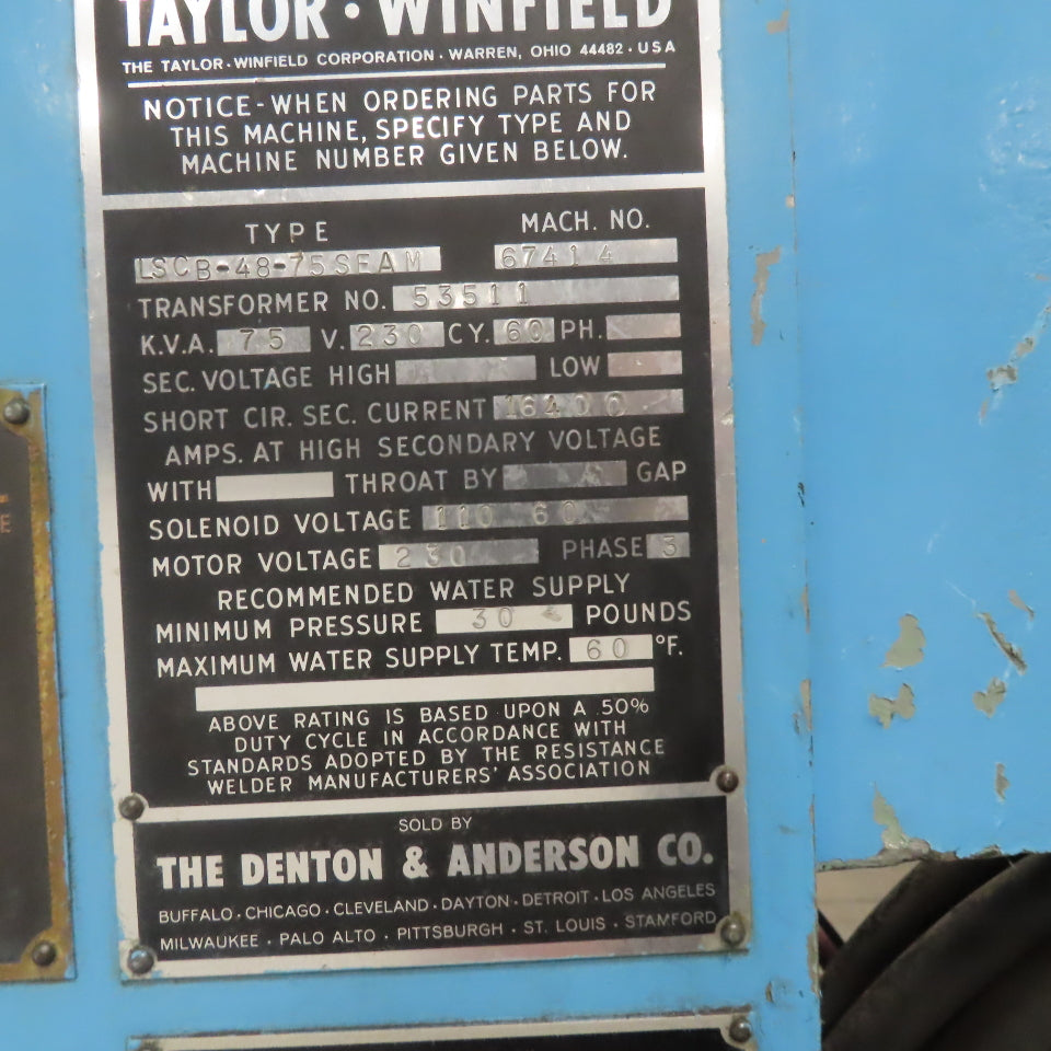 TAYLOR WINFIELD LSCB-48-75 SEAM Press Type Seam Spot Welder