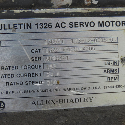 Allen Bradley 1326-APB3E X005 3000RPM 24.6 Arms 153Lb-In Torque AC Servo Motor
