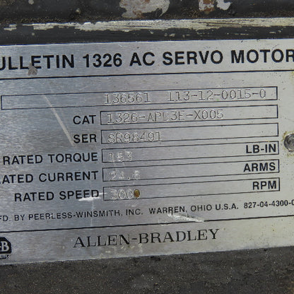 Allen Bradley 1326-APB3E X005 3000RPM 24.6 Arms 153Lb-In Torque AC Servo Motor