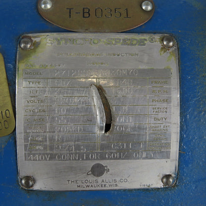 Louis Allis Type CRZ 14:1 Ratio 125RPM Output 2Hp 220/440V 3Ph Gear Motor