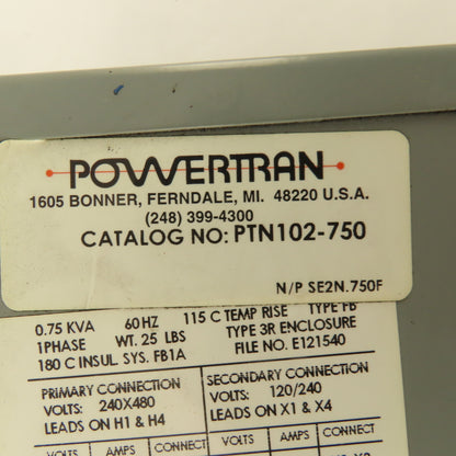 Powertran PTN102-750 0.75 kva Transformer 1ph Type FB 480/240 HV 240/120LV