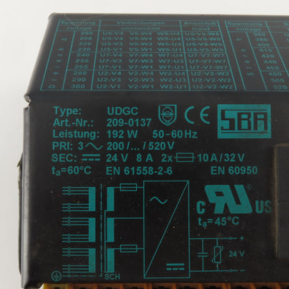 SBA 209-0137 Type UDGC Multi Tap Transformer 200/520VAC 24VDC Sec. 192W 10A 3Ph