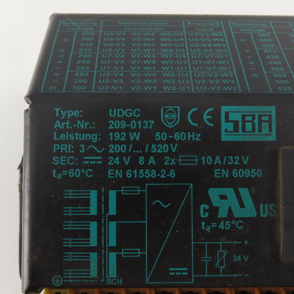 SBA 209-0137 Type UDGC Multi Tap Transformer 200/520VAC 24VDC Sec. 192W 10A 3Ph